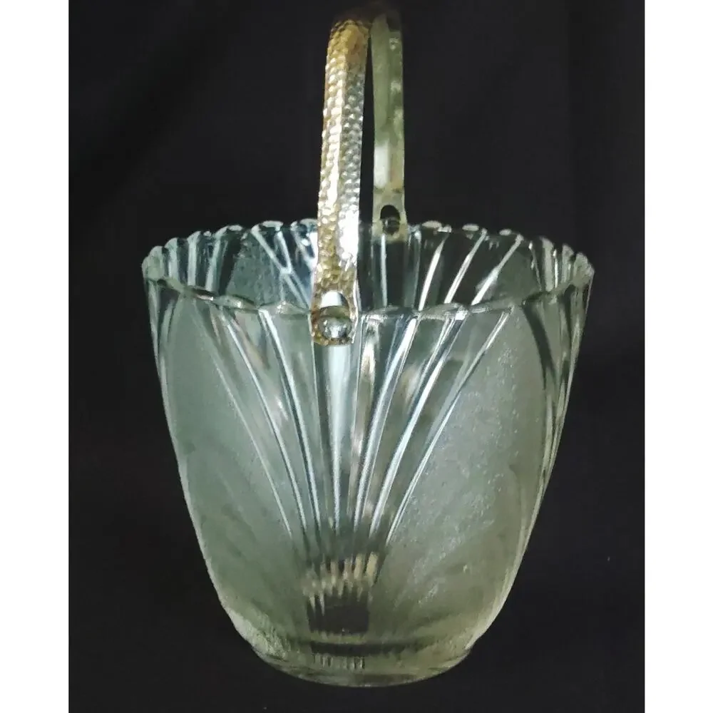 Vintage Frosted Glass Ice Bucket Barrel Swing Hammered Metal Handle